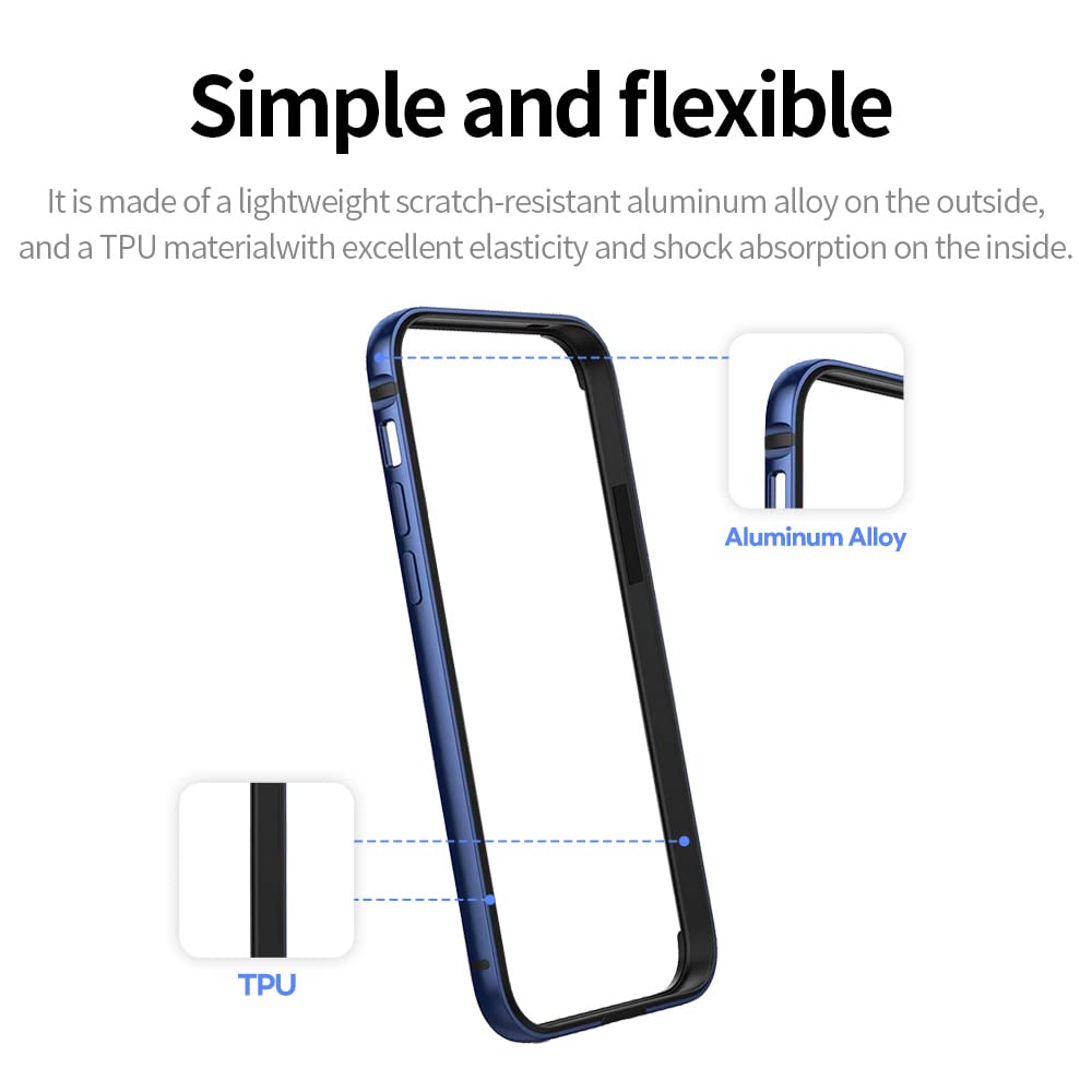 skoko iPhone 14 Pro Blue Color Metal Aluminum Bumper Case Frame No Back Design + Back Protector Film, Anti Edge Shock, Back Color , Shockproof , Skin , Cover , Slim , Protector