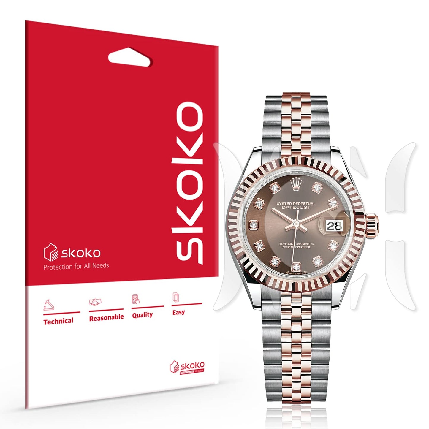 skoko (2 Pack) Screen & Back & Buckle Protective Film Compatible with Rolex Oyster Perpetual Datejust 28mm , Glossy Clear Skin, Full Coverage, Anti Scartch, Easy installation