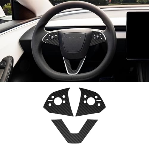 skoko Tesla Model 3 Highland 2024 Release Model Steering Wheel Trim Carbon Fiber Steering Wheel Protector Wrap Cover 1 Set, Including Button Area Protection, Perfect Protection , Stickers