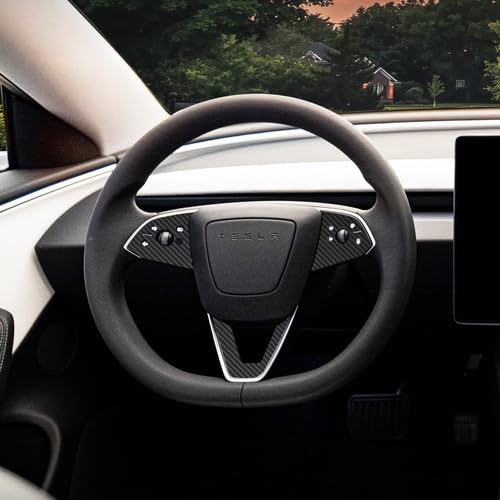 skoko Tesla Model 3 Highland 2024 Release Model Steering Wheel Trim Carbon Fiber Steering Wheel Protector Wrap Cover 1 Set, Including Button Area Protection, Perfect Protection , Stickers