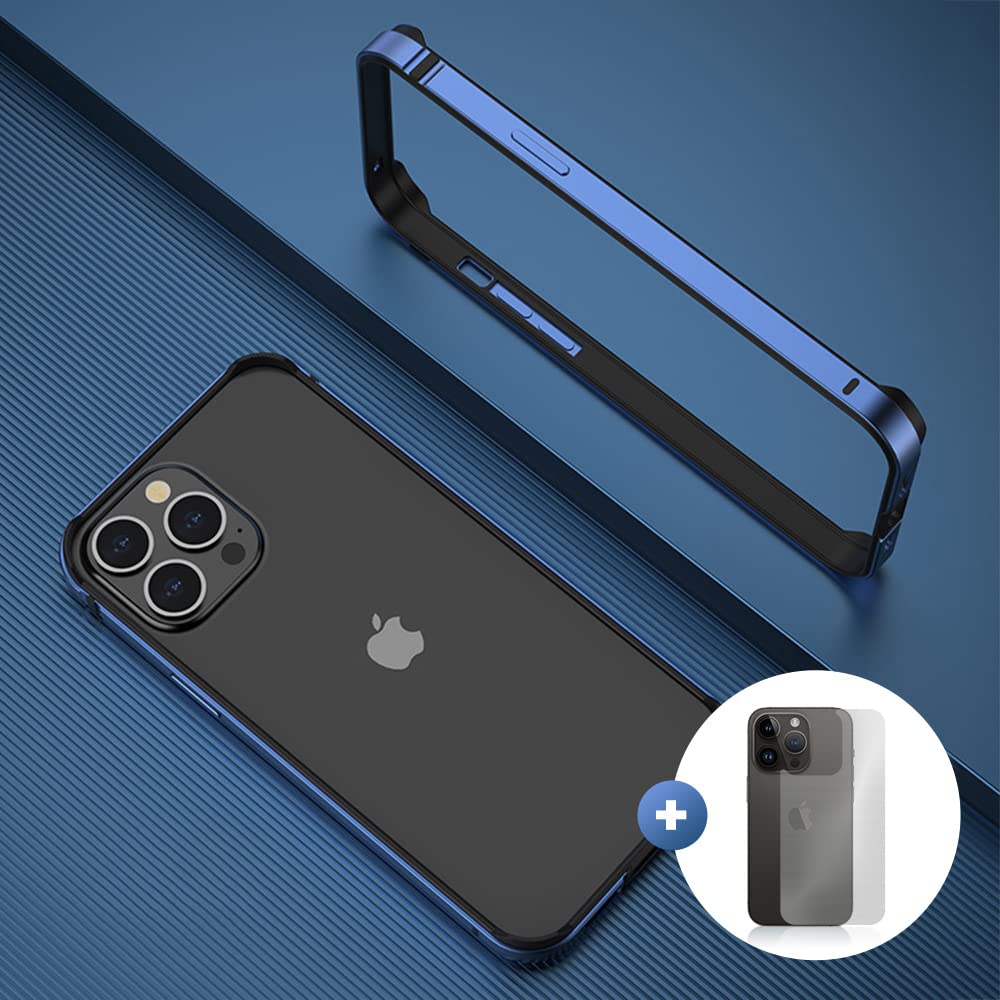 skoko iPhone 14 Pro Blue Color Metal Aluminum Bumper Case Frame No Back Design + Back Protector Film, Anti Edge Shock, Back Color , Shockproof , Skin , Cover  , Slim , Protector