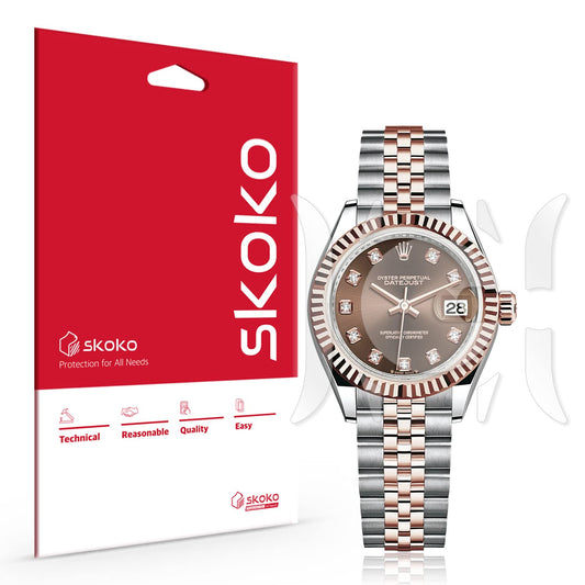 skoko (2 Pack) Screen & Back & Buckle  Protective Film Compatible with Rolex Oyster Perpetual Datejust 28mm , Glossy Clear Skin, Full Coverage, Anti Scartch, Easy installation