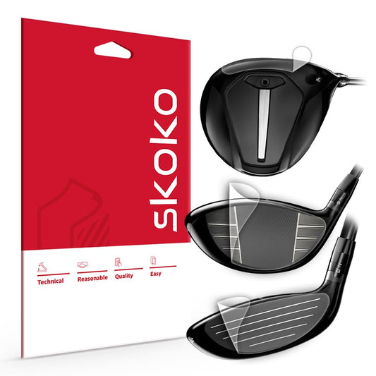 Universal golf club head protective film kit with driver and wood heads