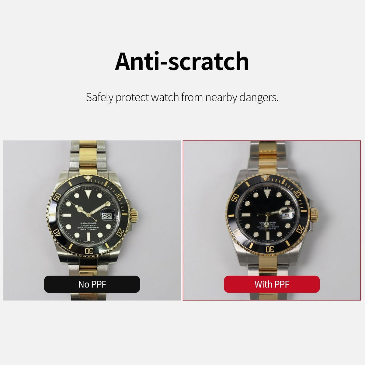 Scratch protection on a watch with and without the film