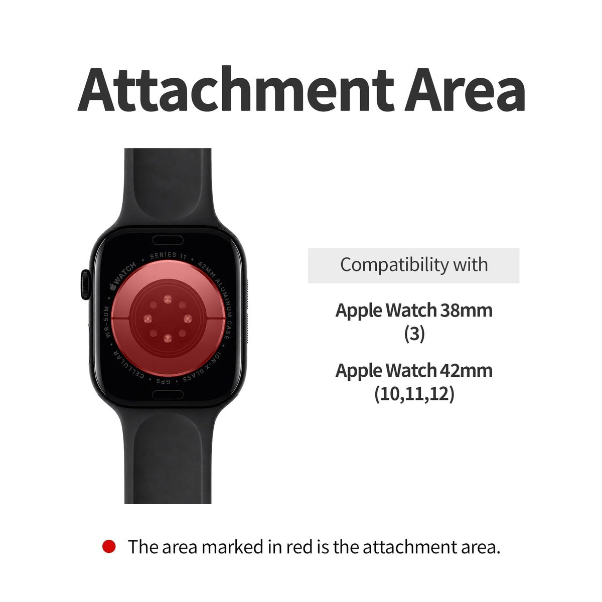 Attachment area for Apple Watch 42mm (Series 10-12) and 38mm (Series 3)