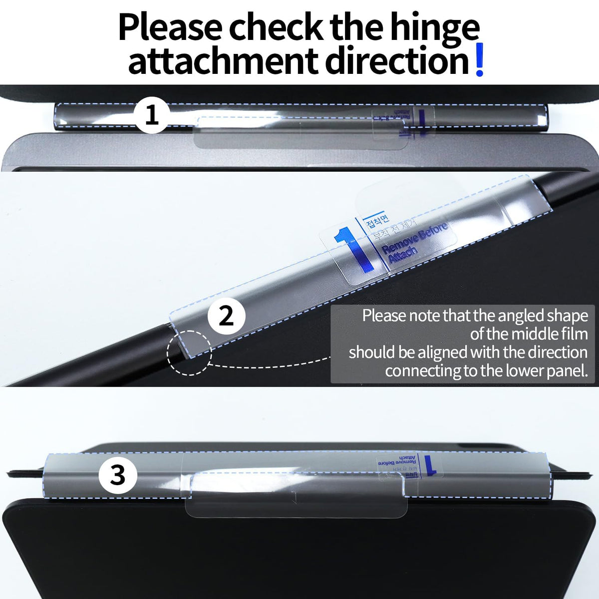 Check the hinge film direction before applying