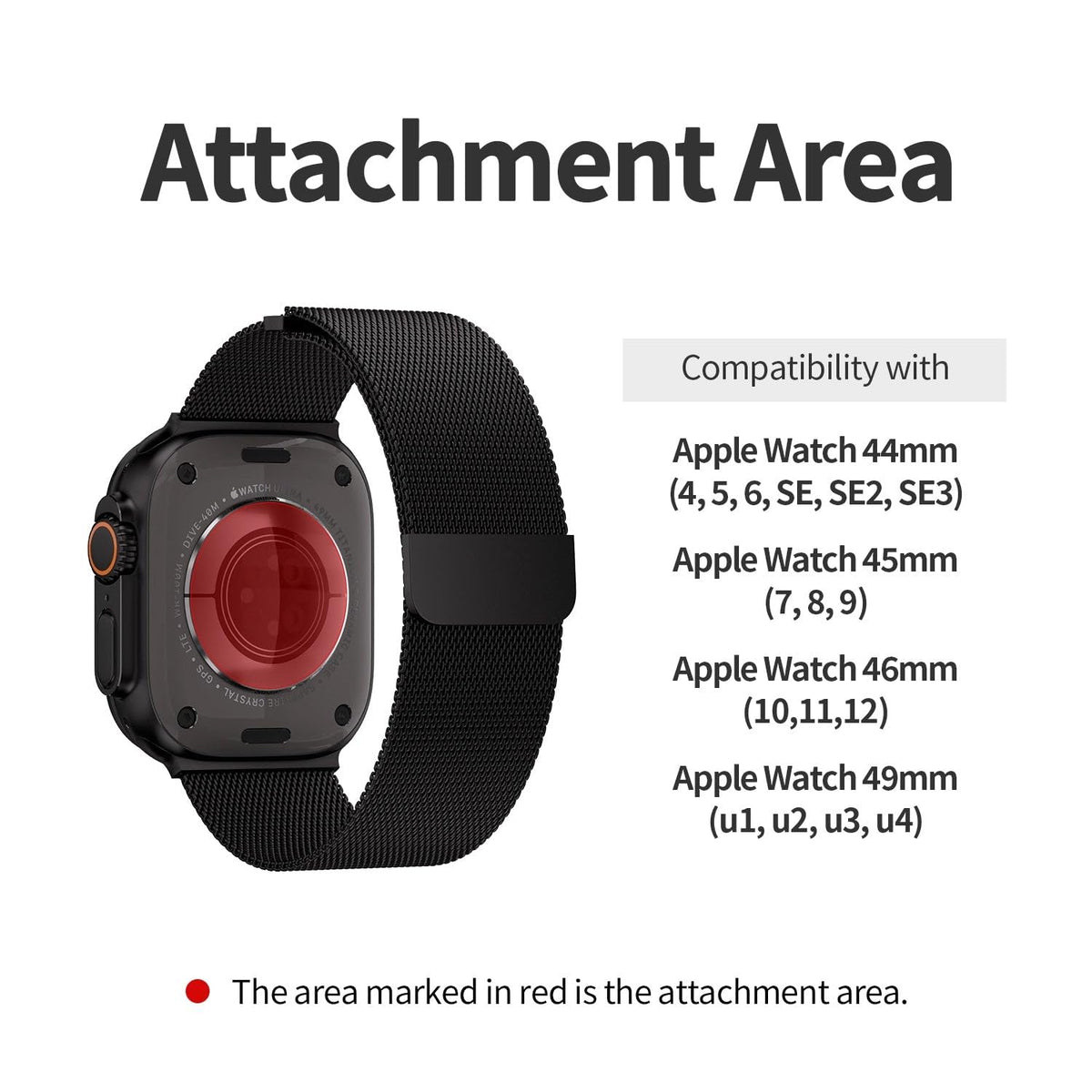 Attachment area on the Apple Watch back sensor and compatible sizes