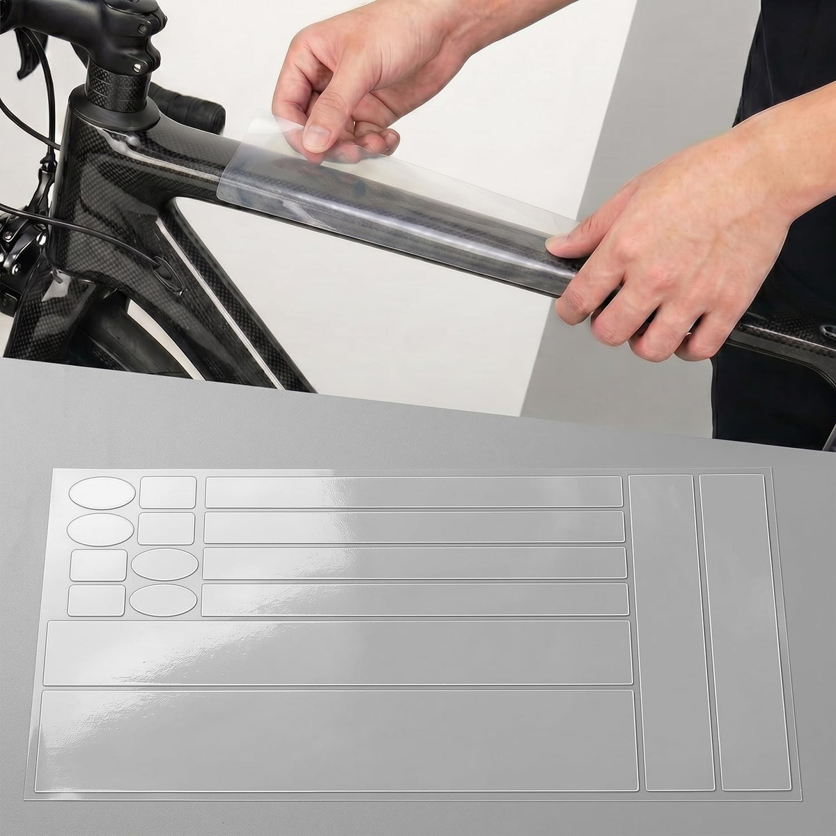 Applying clear protection film to a bicycle frame