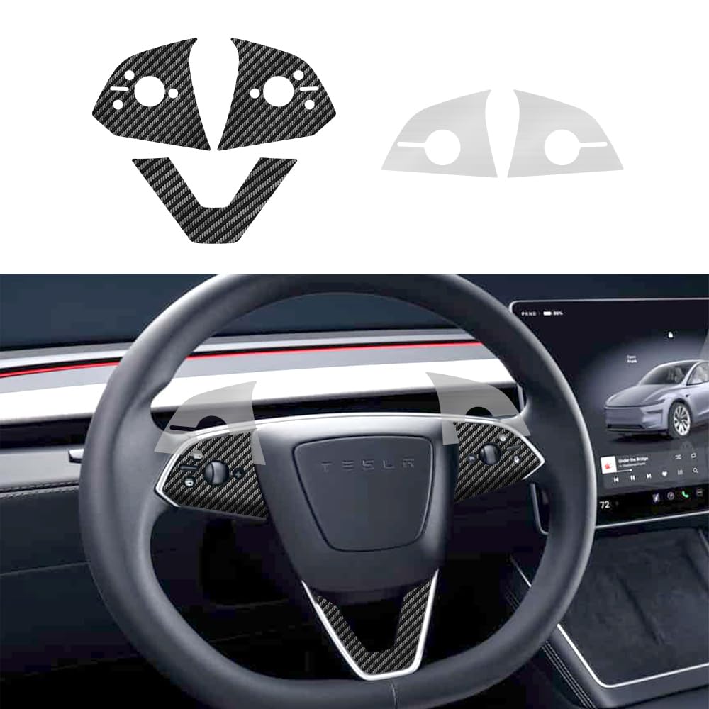 Carbon fiber steering wheel button skin set with clear matte films for Tesla Model Y Juniper
