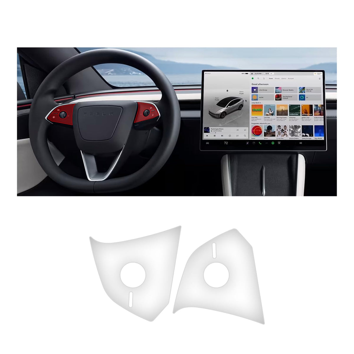 Matte clear PPF button films shown with the Tesla steering wheel button panels they cover